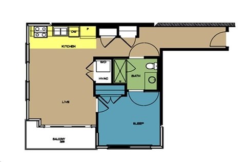 Floor plan for 1 bed, 1 bath, 566 sqft